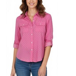 Lauren Ralph Lauren Bright Pink White Dot Cotton Voile LS Button Shirt Size PL